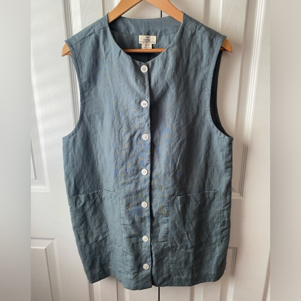 Dr.Flax Gray 100% Linen Round Neck Button Front Sleeveless Tunic Top SZ M‎